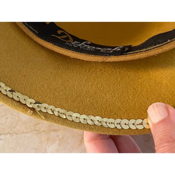 Vintage Deborah New York Mustard Yellow Wool Hat, Feathers, Beading, Church - Picture 5 of 13